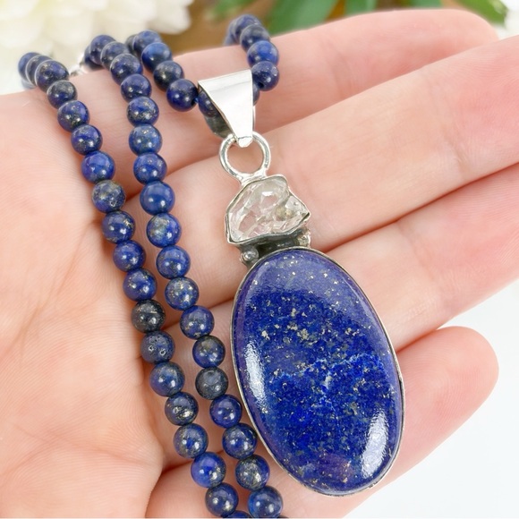 Southwest Jewelry - Genuine Herkimer Diamond and Lapis Lazuli Pendant Vintage Southwest Boho 925
